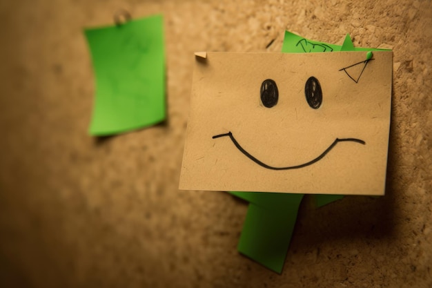 Green Paper Note with Sad Face on Cork Board Expressing Sorrowful Emotions Generative AI