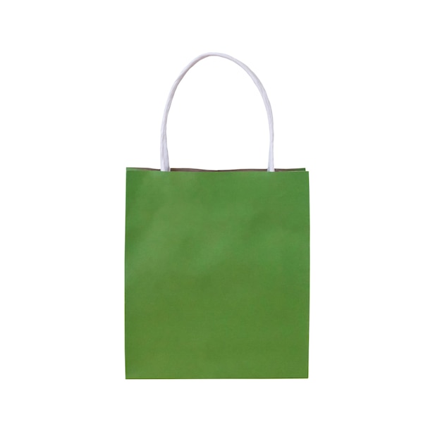 Green paper shopping bag isolated on white background with clipping path