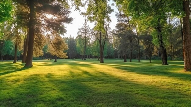 Photo a green park bathed in morning sunshine summer splendor in the heart of the forest