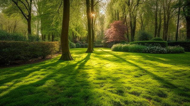 A Green Park Bathed in Morning Sunshine Summer Splendor in the Heart of the Forest