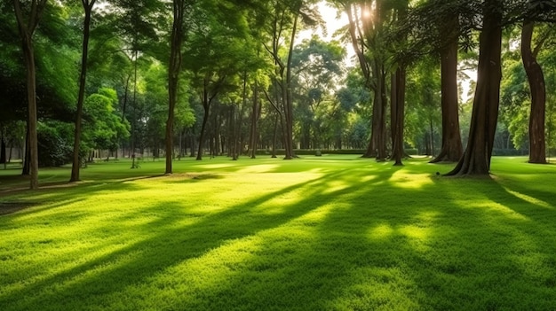 A Green Park Bathed in Morning Sunshine Summer Splendor in the Heart of the Forest