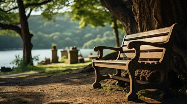 写真 湖の近くの緑の公園でベンチuhd壁紙