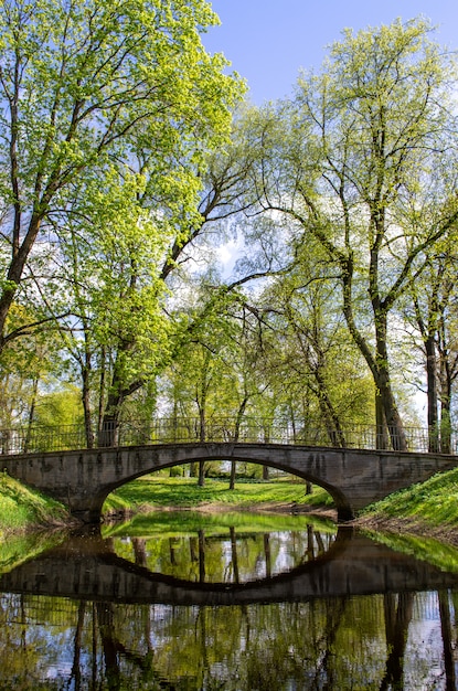 Зеленый парк и старый мост. Живописный пейзаж.