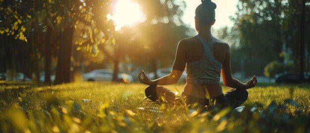 写真 ヨガの女性と緑の公園