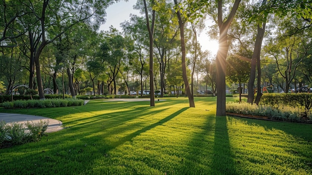 Green park with lawn and trees