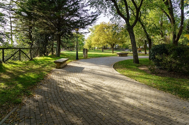 日光とベンチのある舗装された小道のある緑豊かな公園。ブルゴス、