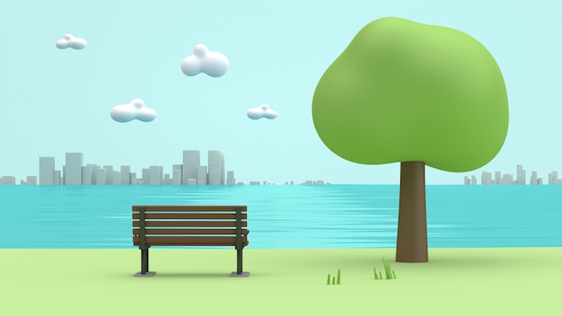 green parks river side chair,trees,city cartoon style low poly 3d rendering