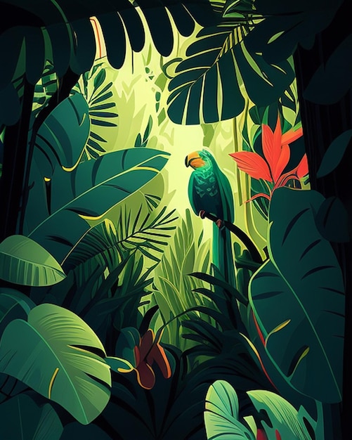 녹색 앵무새가 정글의 나뭇가지에 앉아 있습니다.