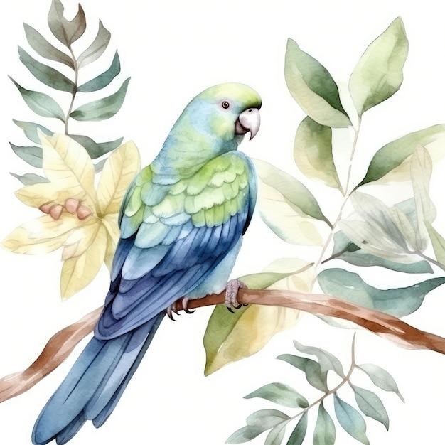 A green parrot sits on a branch with leaves.