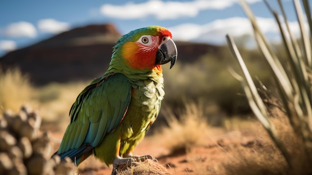 A green parrot sits on a rock in the desert.