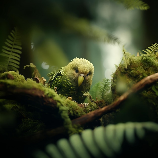 a green parrot sits in a tree with a green and white fern on its head.