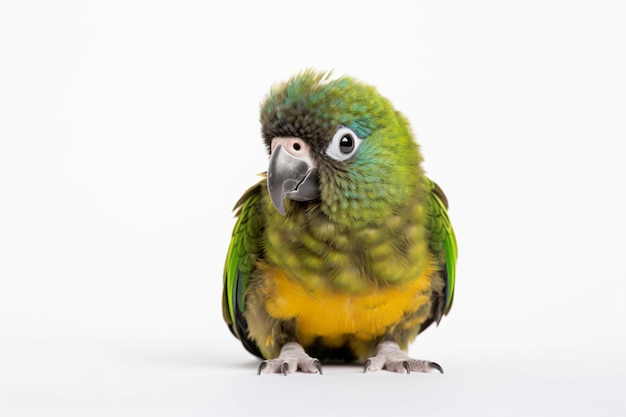 A green parrot sits on a white surface