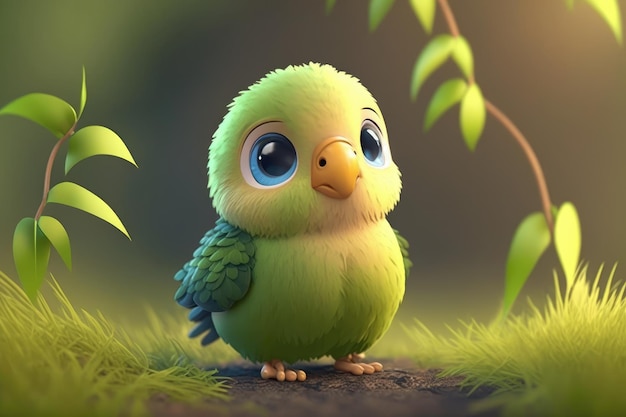 A green parrot with blue eyes stands in the grass.