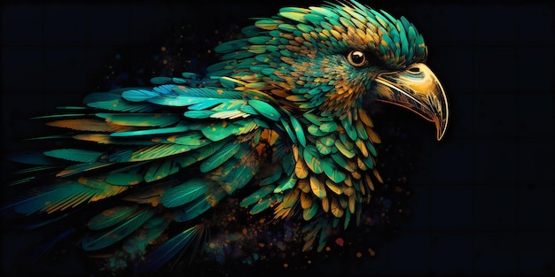 Зеленый попугай с большими перьями на теле