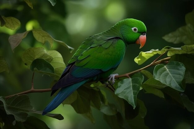 A green parrot with a red beak sits on a branch.