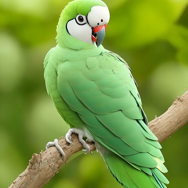  얼굴과 검은 눈과  눈과 녹색 수염을 가진 초록색 무새.