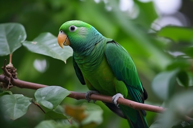A green parrot with a yellow beak