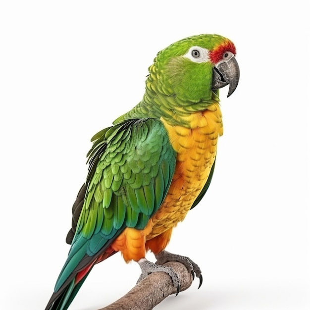 A green parrot with a yellow head and green feathers sits on a brancha white background