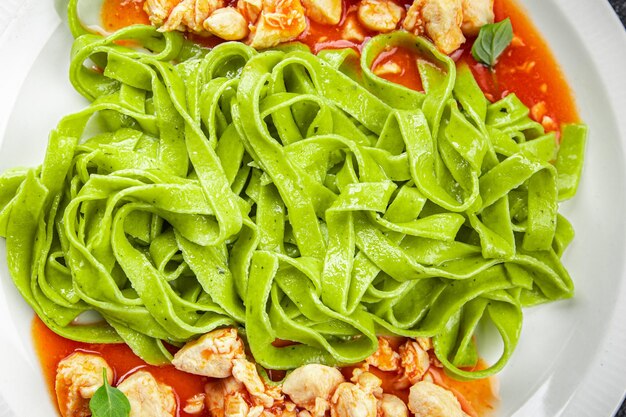 green pasta tomato sauce tagliatelle chicken meat vegetable food healthy meal snack on the table