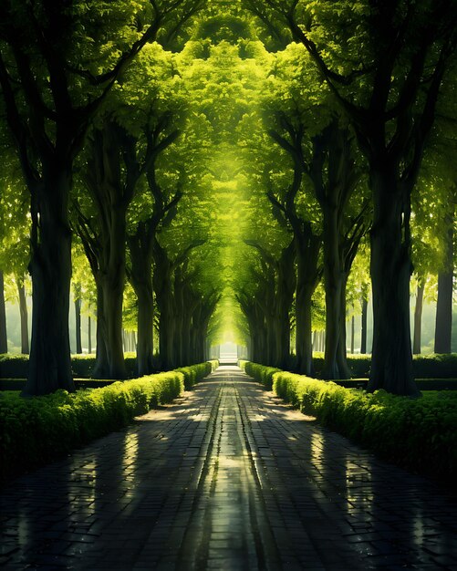 Photo green path lined by trees