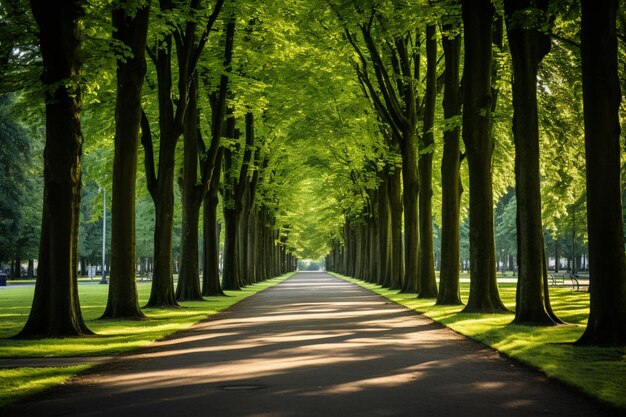 A green path lined with some trees in a park