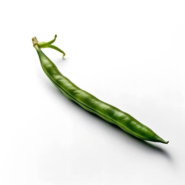 A green pea pod sits on a white background