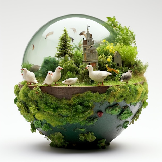 Концепция миниатюрного глобуса планеты Зеленый мир Земли, показывающая зеленую мирную жизнь и жизнь птицы и животных