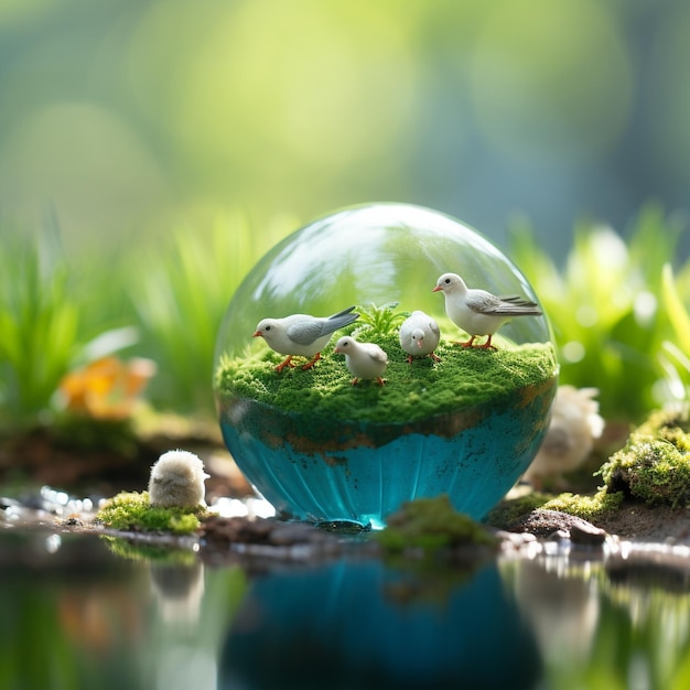 Green peace earth miniature planet globe concept showing a green peaceful and animals poultry lif