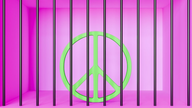 Фото Зеленый символ мира, запертый в тюрьме с фиолетовыми стенами и металлическими решетками, свобода и несправедливость.