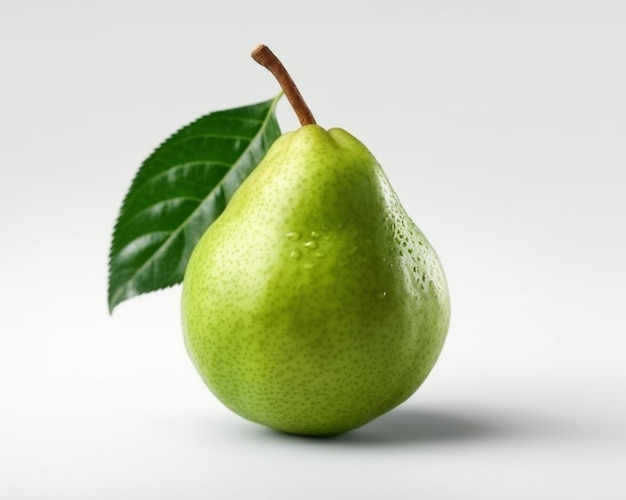 A green pear with a leaf that has the word pear on it.