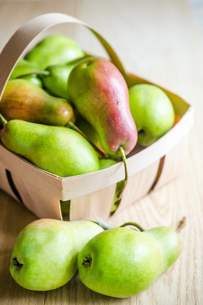 Green pears in basket close up