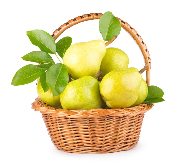 Green pears in a basket isolated on white background