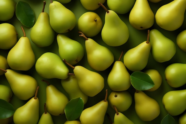 Green pears with leaves background High quality