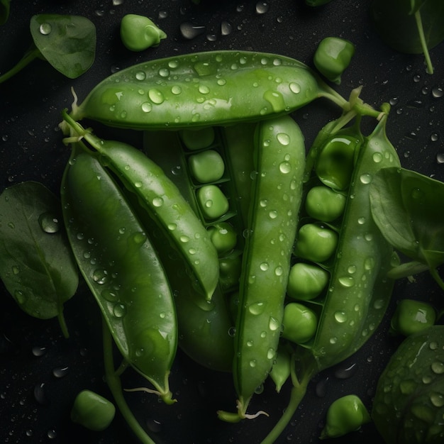 Green peas on a black background with water droplets