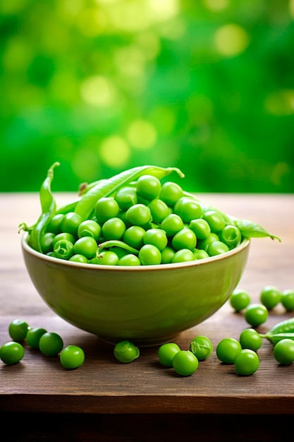 Green peas in a bowl against the backdrop of the garden Selective focus
