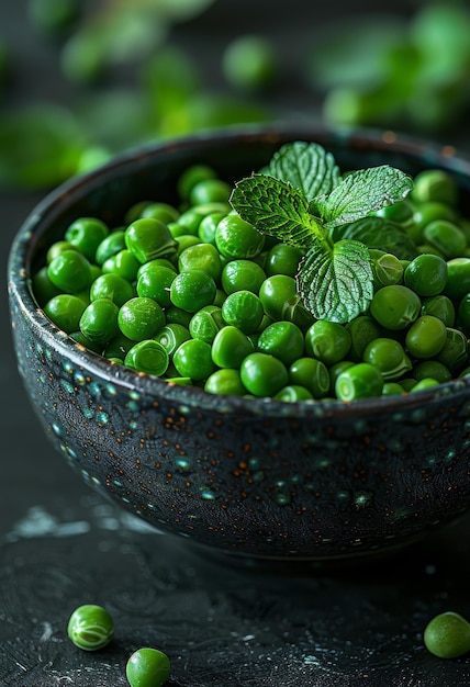 Green peas in bowl on dark background