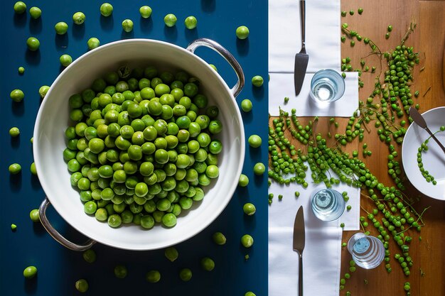 Photo green peas in bowl and on a table blue background