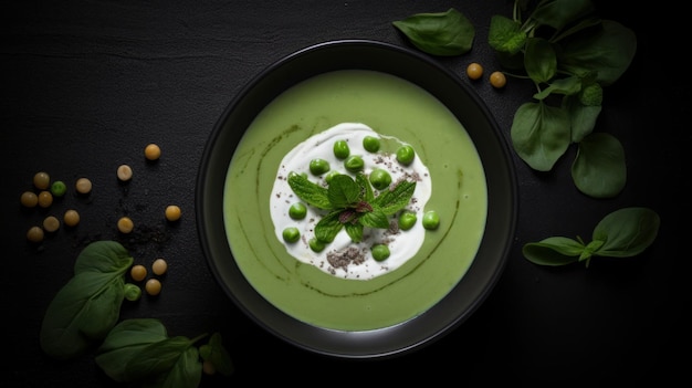 Green peas cream soup Illustration AI GenerativexA