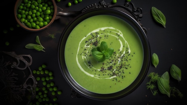 Green peas cream soup Illustration AI GenerativexA