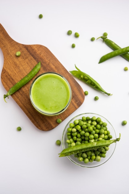 Green Peas Fresh Juice or smoothie or drink made using watana or vatana, Indian healthy green beverage served in a glass