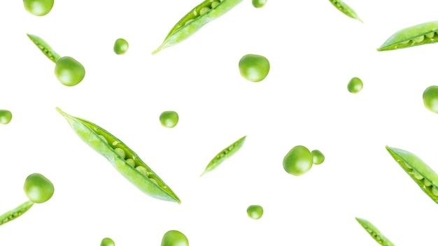 Green peas isolated on a white background. Flying green peas. Falling green peas. High quality photo