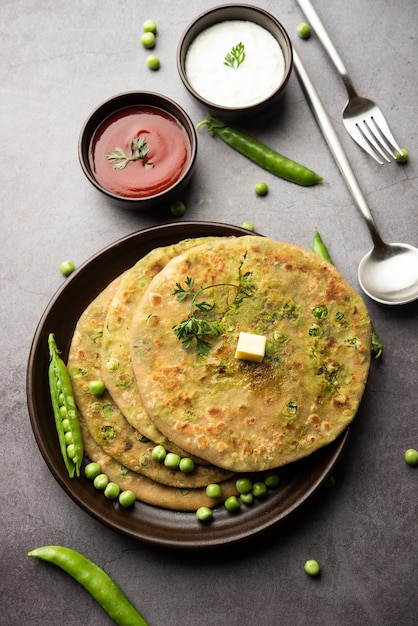 Green Peas or matar ka paratha is a Punjabi dish which is an Indian unleavened flatbread made with whole wheat flour,ÃÂ greenÃÂ peas. Served with ketchup and curd