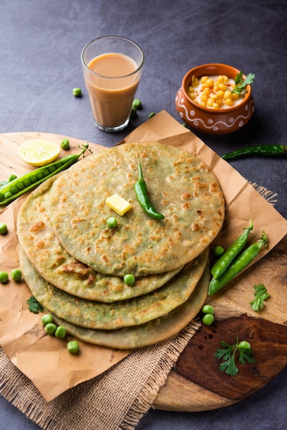 Green Peas paratha or flatbread or matar parathas with curd and hot tea