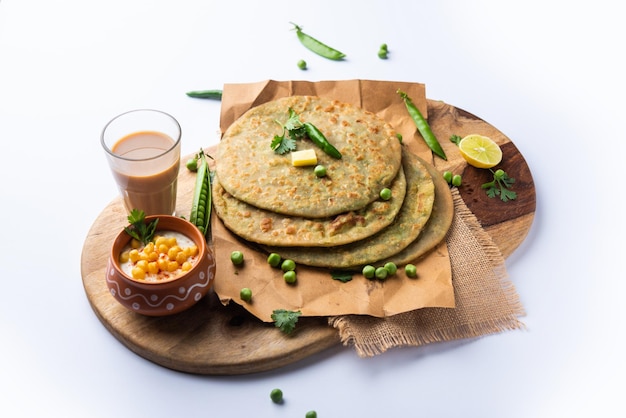 Green Peas paratha or flatbread or matar parathas with curd and hot tea