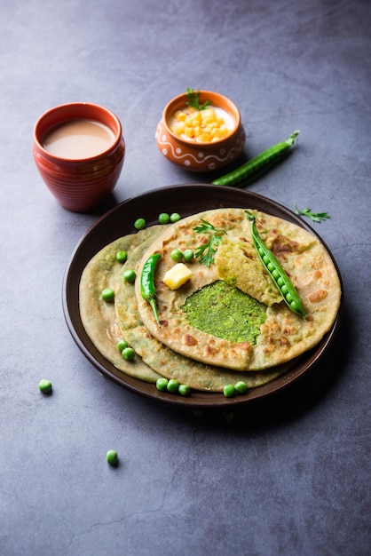 Green Peas paratha or flatbread or matar parathas with curd and hot tea