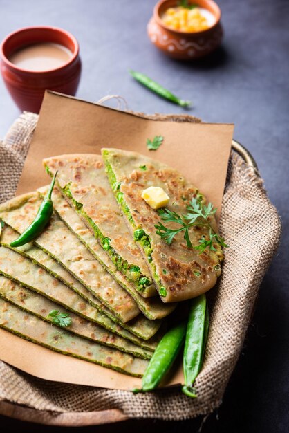 Green Peas paratha or flatbread or matar parathas with curd and hot tea