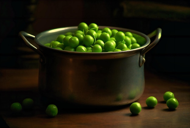 Green peas in a pot in the style of creative commons attribution