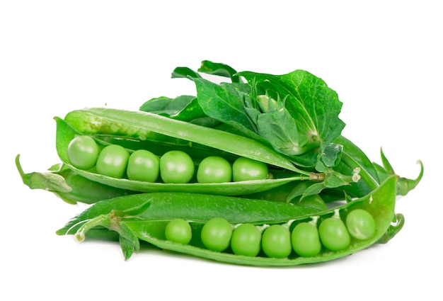 Green Peas Raw ripe bunch of green peas with leaves isolated on white background