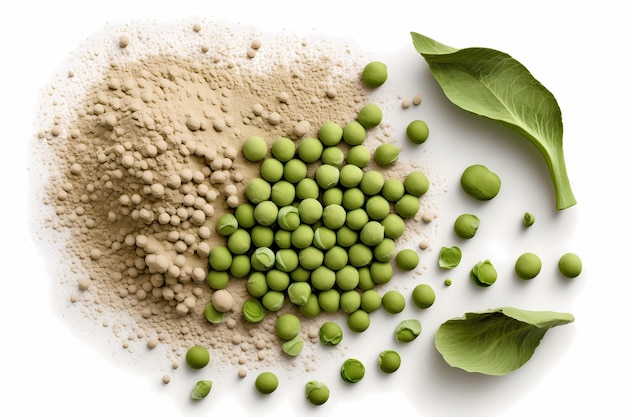 Green peas with the protein power of green peas the concept of plant protein isolated on a white background Top view flat lay