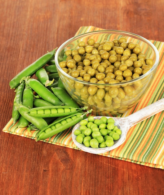 Green peas on wooden background